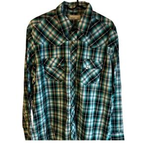 Wrangler Western Snap Shirt Men's XL Teal Green Plaid Long Sleeve Cowboy